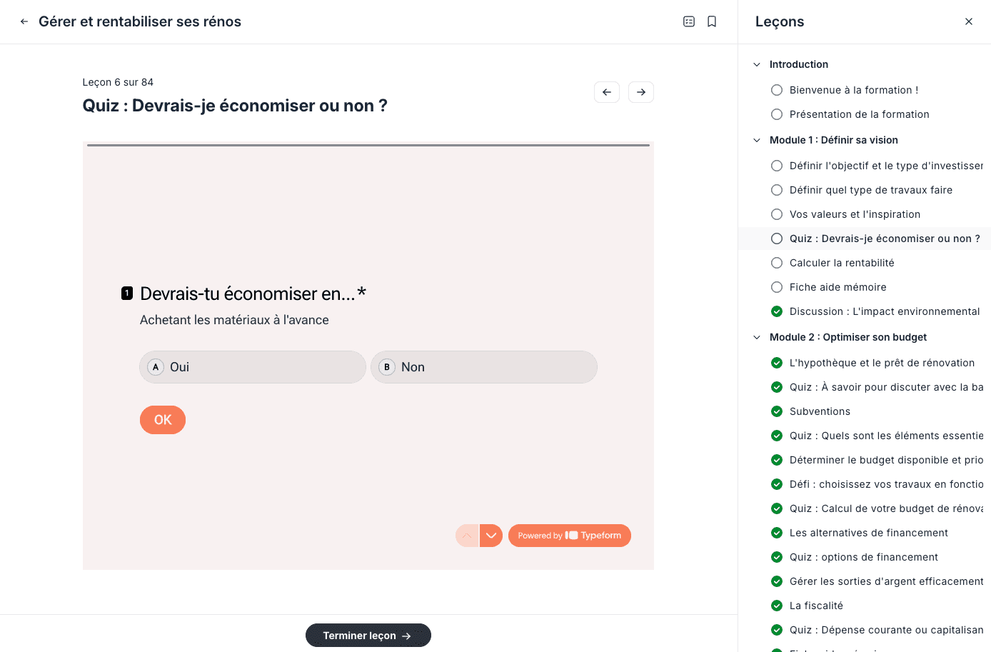 Une leçon et la liste des modules