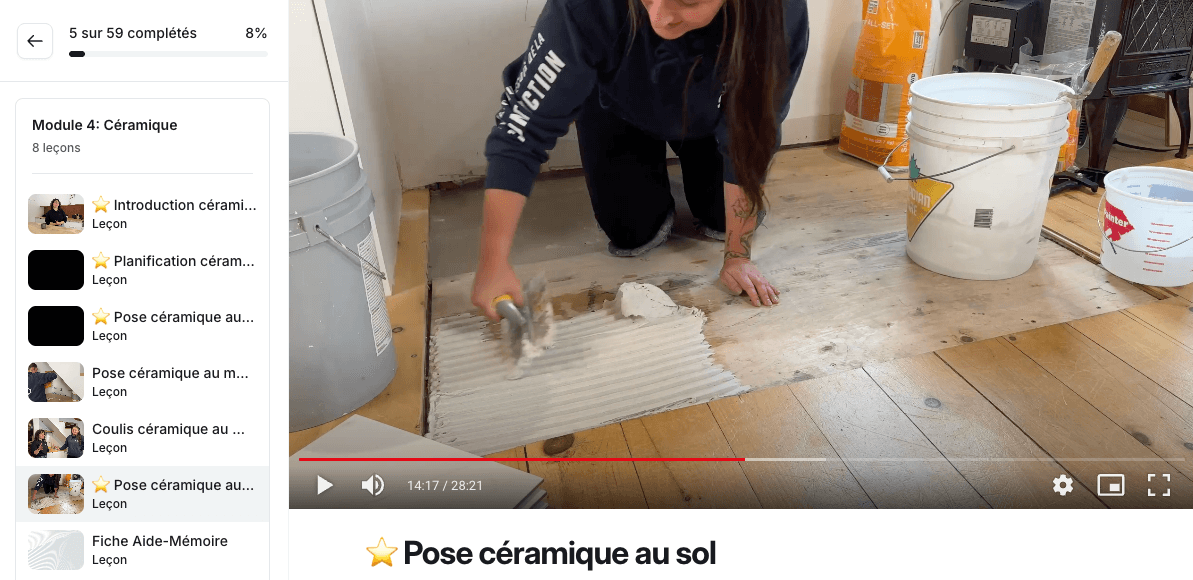 Une leçon de pose de céramique au sol et la liste des leçons du module
