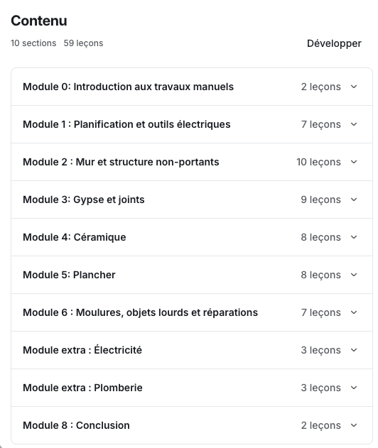 Le contenu de la formation Travaux manuels, 59 leçons